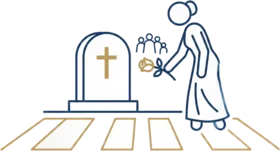Mourner placing rose on gravestone illustration